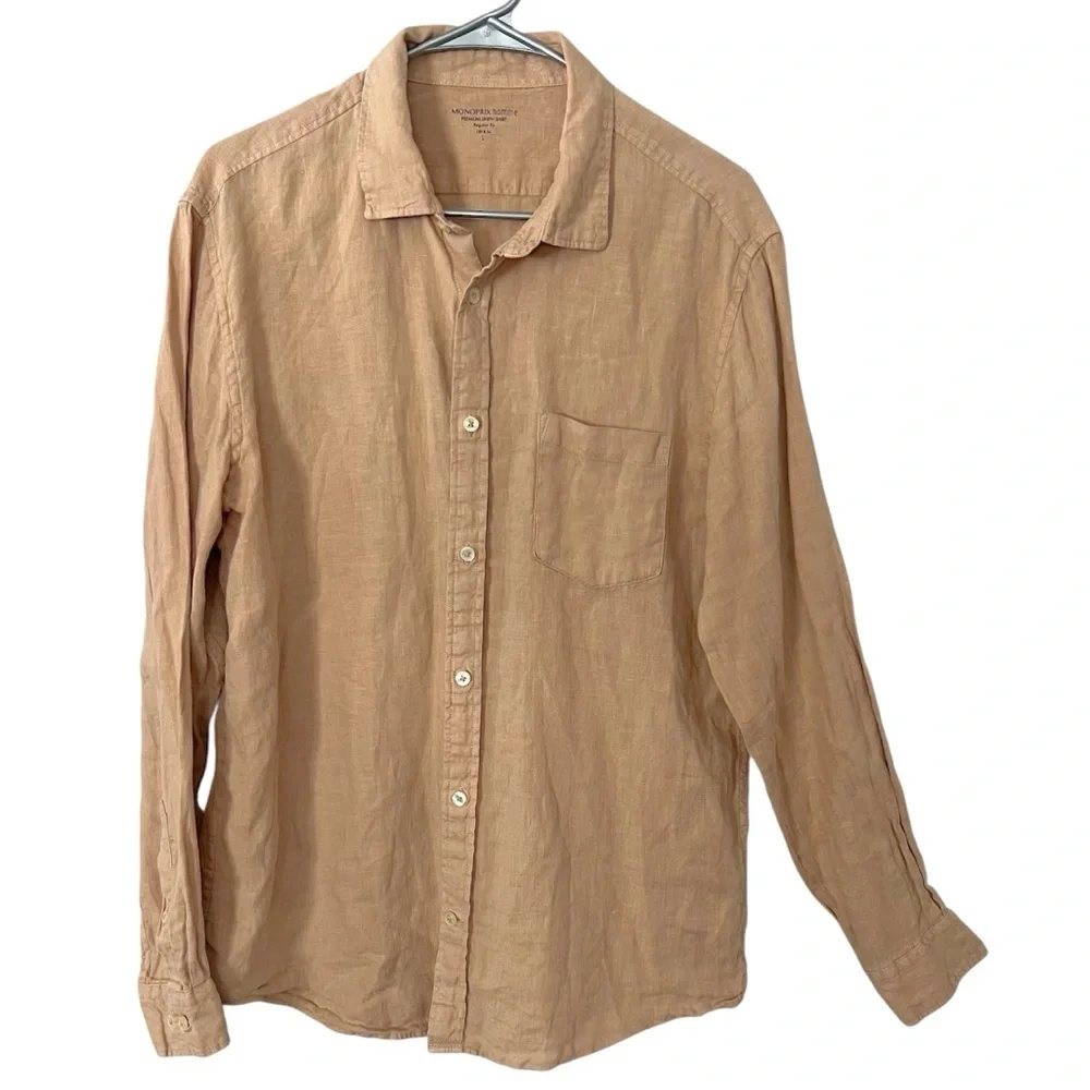 Monoprix Homme Premium Linen Button Down Shirt Large Long Sleeve Neutral Staple